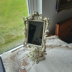 Vtg Victorian Style Metal Vanity Dressing Mirror on Stand Painted Antique White